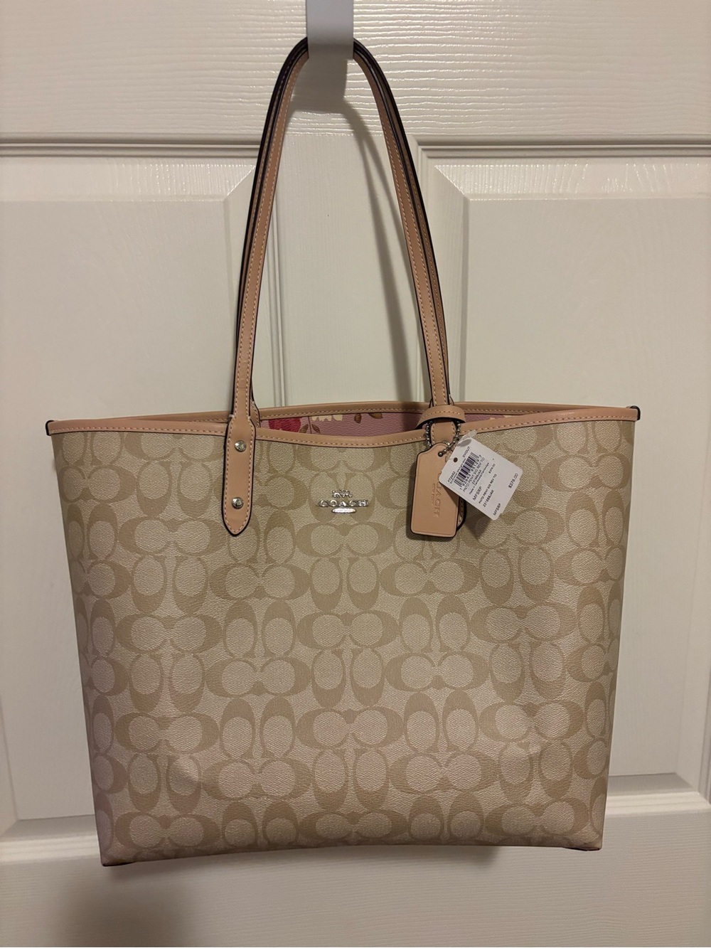 Coach Signature Canvas Tote in Beige with Pink floral REVERSIBLE